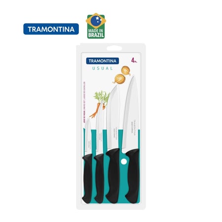 طقم سكاكين ترامونتينا المعتاد بشفرة من الفولاذ المقاوم للصدأ ومقبض من البولي بروبلين الأسود، مجموعة مكونة من 4 قطع تحتوي على - سكين الشيف 7 بوصات، سكين الشواء والفواكه العادي 5 بوصات، سكين المطبخ 6 بوصات، سكين الخضار والفواكه 3 بوصات | صنع في البرازيل