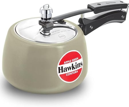 طنجرة ضغط هاوكينز كونتورا مطلية بالسيراميك بسمك 3.25 ملم وقاعدة سوداء للتسخين السريع وسعة 3 لتر باللون الأخضر التفاحي للاستخدام في الموقد | صنع في الهند (ضمان 5 سنوات)