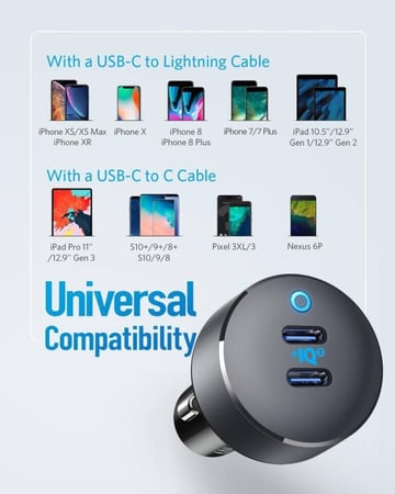 فيش سيارة أنكر - سريع منفذين PD تايب سي  36W - اسود