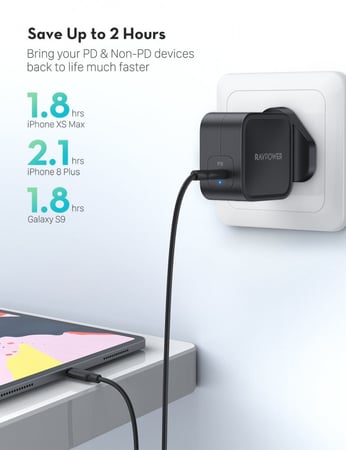 شاحن جداري راف باور بقوة 61 واط بتقنية بي دي – اسود