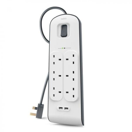 كابل طاقة بيلكن بـ 6 منافذ، USB للشحن, بطول 2 متر, يحمي من اندفاع التيار الكهربائي