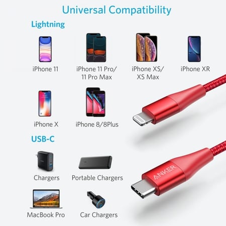 كيبل انكر من Type-C الى لايتنينج ايفون بطول 1.8م قماش احمر