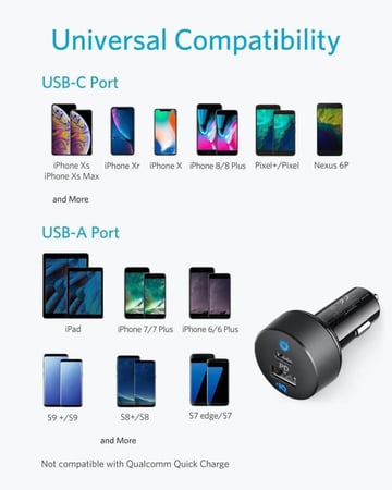 فيش سيارة أنكر سريع منفذ PD تايب سي USB 33W - اسود