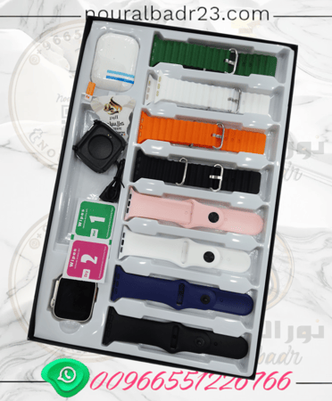 ساعة اكترونيه شبية أبل + سماعات بلوتوث+10قطع بالوان مختلفه+كيس هديه-00169