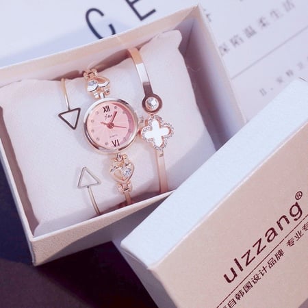 طقم ساعة وسوار وردة كلوفر لون ذهبي روز موديل