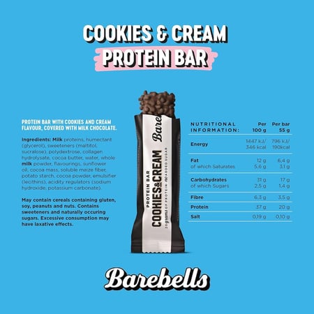 باربلز بروتين بار كوكيز كريم 55جم - كرتون 12 حبة - Barebells Protein Bar Box