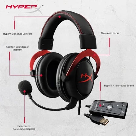 سماعة HyperX Cloud 2 صوت محيطي ميكروفون قابل للإزالة وسادات مريحة