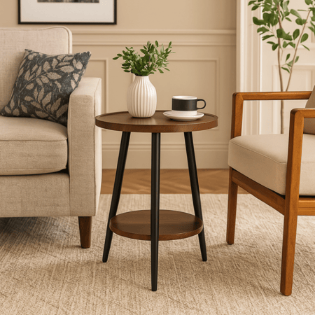 طاولة جانبية خشبية بتصميم عصري وقاعدة سوداء أنيقة