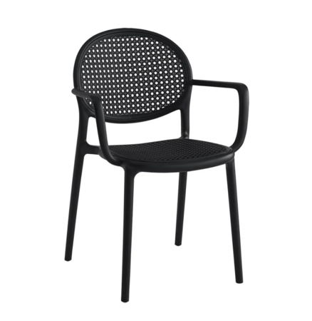 كرسي أسود بلاستيك خارجي بنمط شبكي مع مساند يد – تصميم أنيق 57×50×87سم