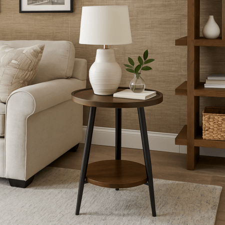 طاولة جانبية خشبية بتصميم عصري وقاعدة سوداء أنيقة