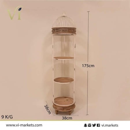 استاند بتصميم  قفص عصافير حديد وخشب لون خشبي و بيج مقاس 38x38x175 سم