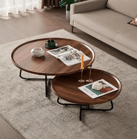 طقم طاولات قهوة خشبية بقاعدة معدنية تصميم عصري وأنيق