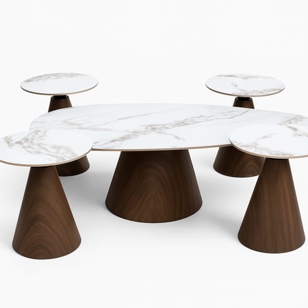 طقم طاولات بسطح رخامي وقواعد معدن لون ابيض X بني - 5 حبه