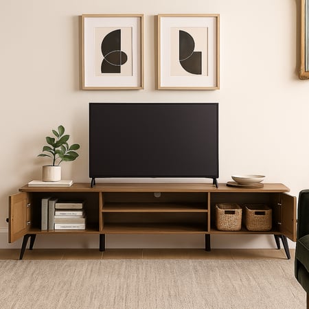 طاولة تلفزيون خشب وقواعد معدن لون بنى مقاس 200x40x50 سم