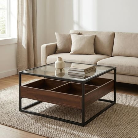 طاولة قهوة بسطح زجاجي وإطار معدني مع وحدات تخزين خشبية – لون بني وأسود