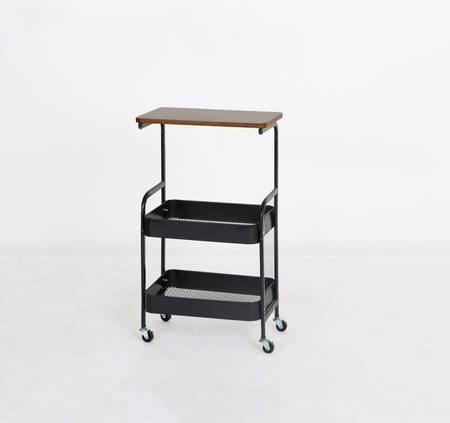 رفوف تخزين ترولي مع سطح خشبي لون أسود - 3 أدوار