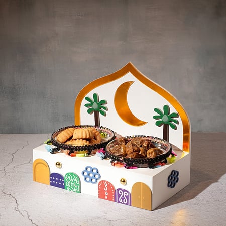 صينية تقديم ثنائية خشب بتصميم رمضاني مقاس 23x28x16 سم - رمضان 2025