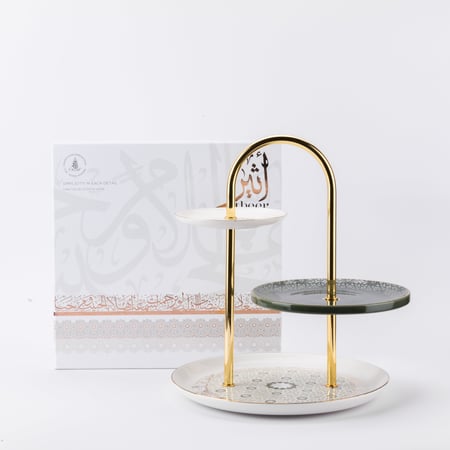 ستاند تقديم الحلوى بتصميم عصري من اثير باللون الزيتي والذهبي