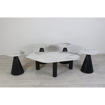 طقم طاولات سيراميك بقواعد حديد بتصميم مميز باللون الابيض والاسود - 5 قطع