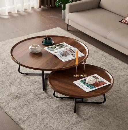 طقم طاولات قهوة خشبية بقاعدة معدنية تصميم عصري وأنيق