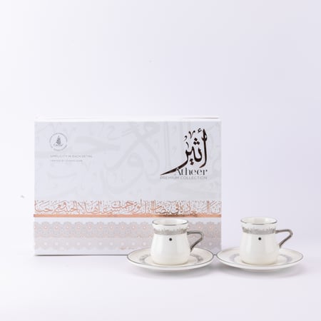 طقم فناجين قهوة مع صحون بتصميم عصري من اثير باللون الابيض والفضي - 12 حبة