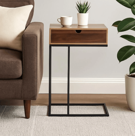 طاولة جانبية خشبية مع درج وقاعدة معدنية