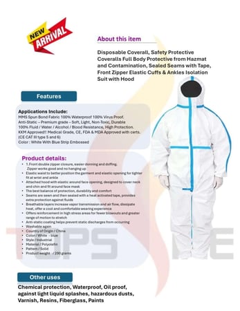 بدلة ​​واقية للاستخدام مرة واحدة، بدلة واقية كاملة للجسم من المواد الخطرة والملوثات، درزات محكمة الغلق بشريط لاصق، أكمام مرنة بسحاب أمامي وبدلة عزل للكاحل مع غطاء للرأس.