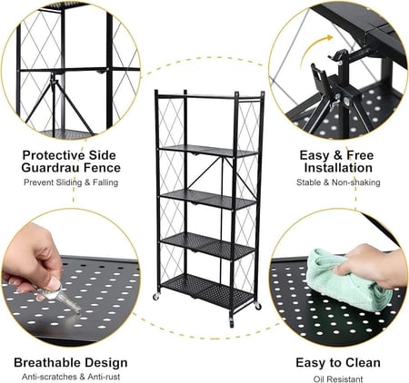 رف حديد 4 أدوار قابل للطي أسود