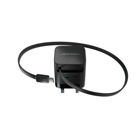 شاحن جداري GaN من JEEBEL – قدرة 65 واط بمنفذين USB-A وUSB-C | شحن سريع متعدد الاستخدامات مع محول مزدوج UK/US