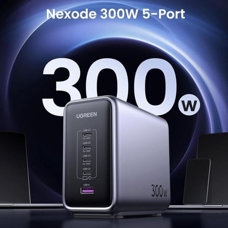 شاحن مكتبي يوجرين نيكسود GaN بـ 4 منافذ USB-C ومنفذ USB بقوة 300 واط - رمادي