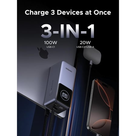 شاحن متنقل يوجرين Nexode بسلك مدمج وبمنفذ USB-C ومنفذ USB بسعة 20000 مللي أمبير وبقوة 130 واط - رمادي