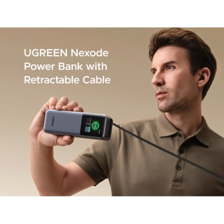 شاحن متنقل يوجرين Nexode بسلك قابل للسحب وبمنفذ USB-C ومنفذ USB بسعة 20000 مللي أمبير وبقوة 165 واط - رمادي