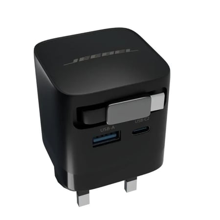 شاحن جداري GaN من JEEBEL – قدرة 65 واط بمنفذين USB-A وUSB-C | شحن سريع متعدد الاستخدامات مع محول مزدوج UK/US
