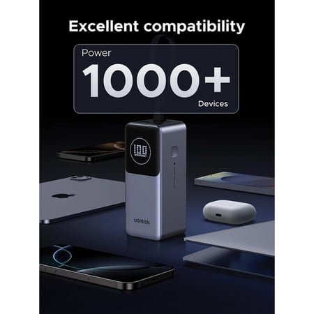 شاحن متنقل يوجرين Nexode بسلك مدمج وبمنفذ USB-C ومنفذ USB بسعة 20000 مللي أمبير وبقوة 130 واط - رمادي