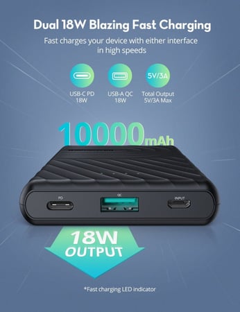 / بطارية راف باور 10000 ملي أمبير 18 واط PD – أسود