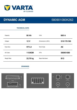 بطارية AGM فارتا الماني 80 امبير VARTA AGM DYNAMIC 80 AH