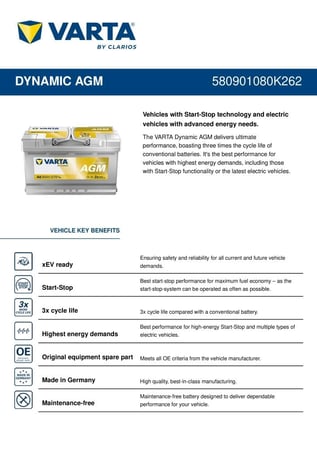 بطارية AGM فارتا الماني 80 امبير VARTA AGM DYNAMIC 80 AH