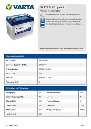 بطارية فارتا 70 أمبير أسباني VARTA BLUE DYNAMIC 70 Ah 12V MF80D26R