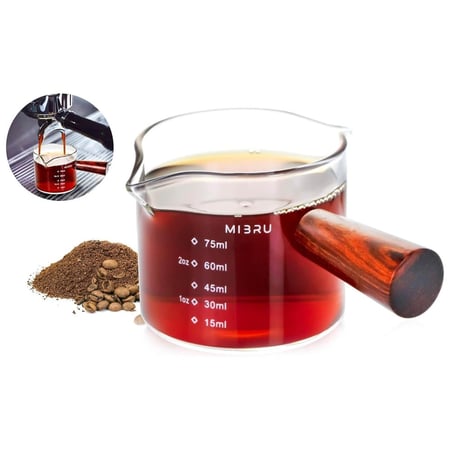 كوب قياس الاسبريسو والقهوة زجاجي مع معيار سعة 75 مل بمقبض خشبي