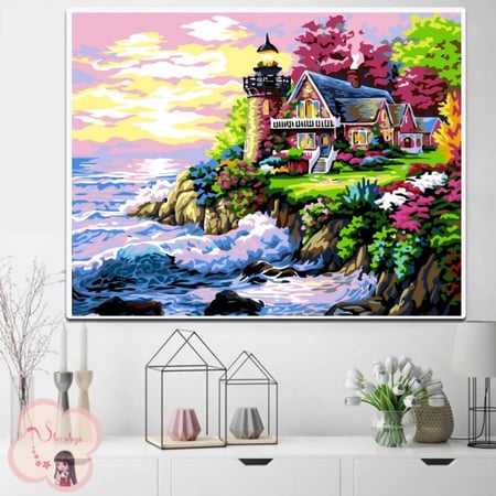 لوحة تلوين بالأرقام بتصميم كوخ على النهر