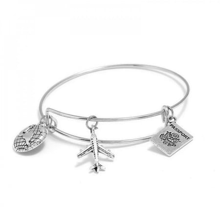 سوار معدني بزينة طائره و جواز سفر لون فضي