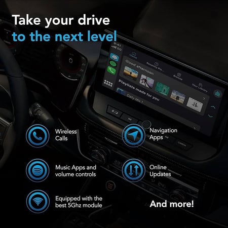 محول كاربلاي لاسلكي - اسرع 5 جيجاهرتز، التوصيل والتشغيل، كابلات USB-C وUSB-A - تعزيز تجربة كاربلاي مع سهولة التركيب، اسود، من ميكنج تيك