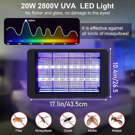 صاعق بعوض كهربائي بمصباح LED بقوة 20 واط لقتل الحشرات الطائرة في الأماكن المغلقة والمفتوحة، مصيدة وطارد للحشرات والآفات للقضاء على البعوض (20 واط)