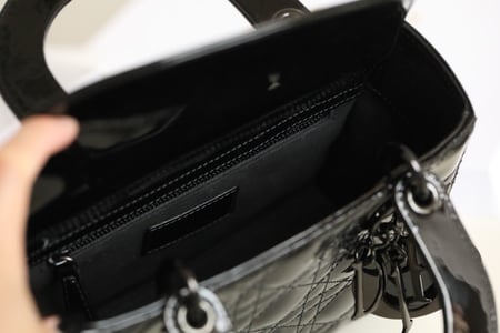 Small LADY DIOR handbag black glossy patent leather cowhide cannage pattern