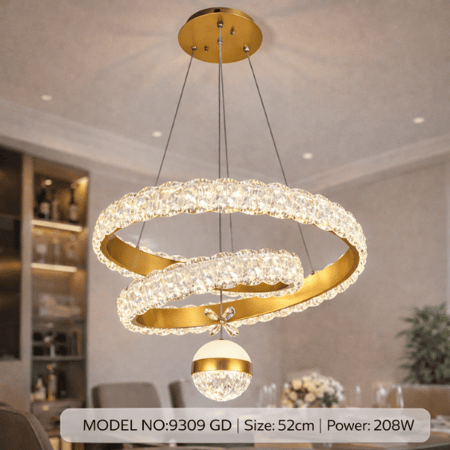 نجف ليد حلقات كريستال منحنية مع تعليقة مودرن ذهبي م/9309GD ماركة بفكو