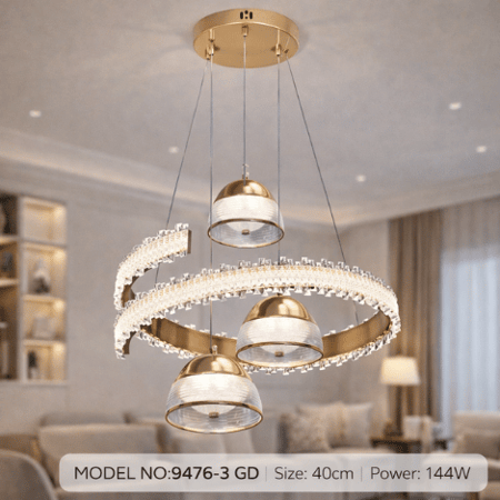 نجف ليد حلقات كريستال مع تعليقات ثلاثية مودرن ذهبي م/9476-3 GD ماركة بفكو