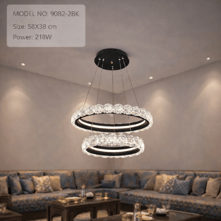 نجف ليد حلقات دائرية مزدوجة كريستالية مودرن أسود م/9082-2BK ماركة بفكو