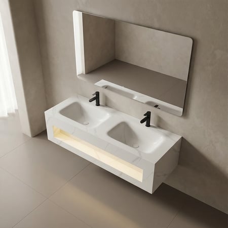 مغسلة حجر باضاءة حساس OS137 صيني ابيض 120 سم حوضين مع مراية ليد 120*70 سم