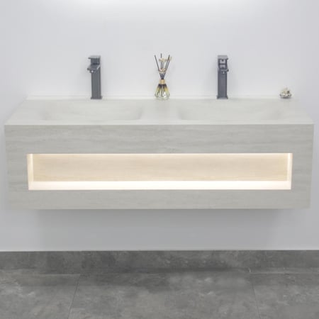 مغسلة بورسلان 120سم hot bending باضاءة OS163 حوضين ترافرتينو بيج فاتح