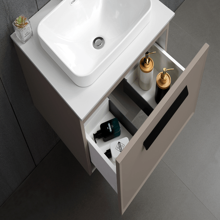 مغسلة خشب BMF صيني رمادي فاتح مع رخام و حوض فوق 60 سم مع مراية LED